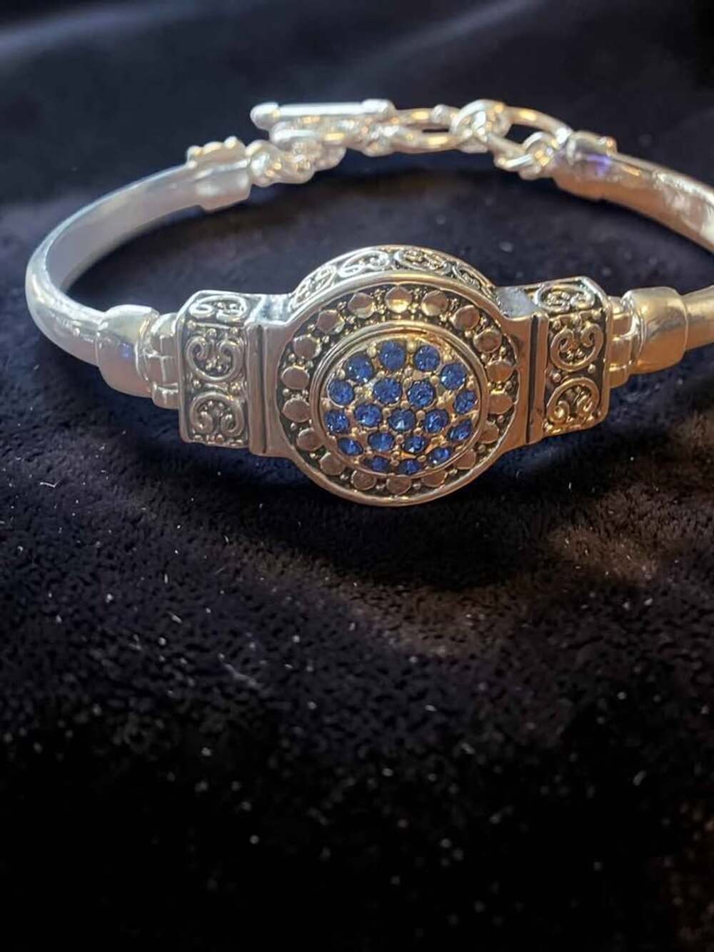 Silver-Toned Bangle Bracelet with Blue Rhinestones